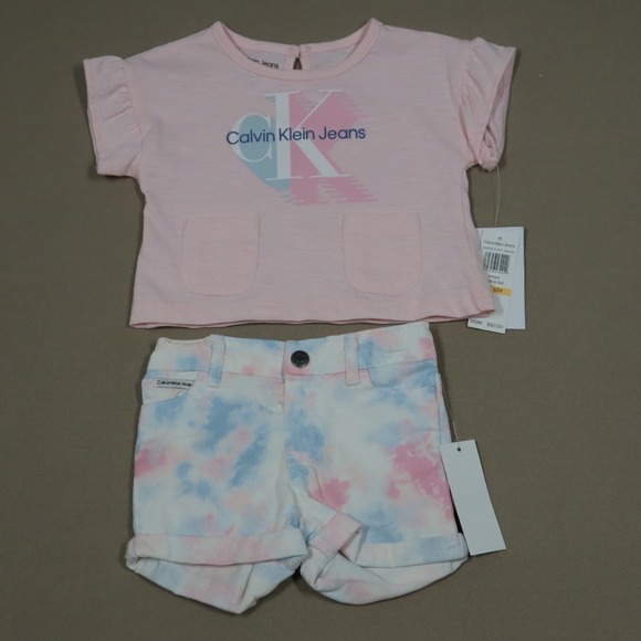Calvin Klein Baby Girls Ruffled T Shirt and Denim Shorts 2 Piece Set - Pink 12M - Picture 2 of 8